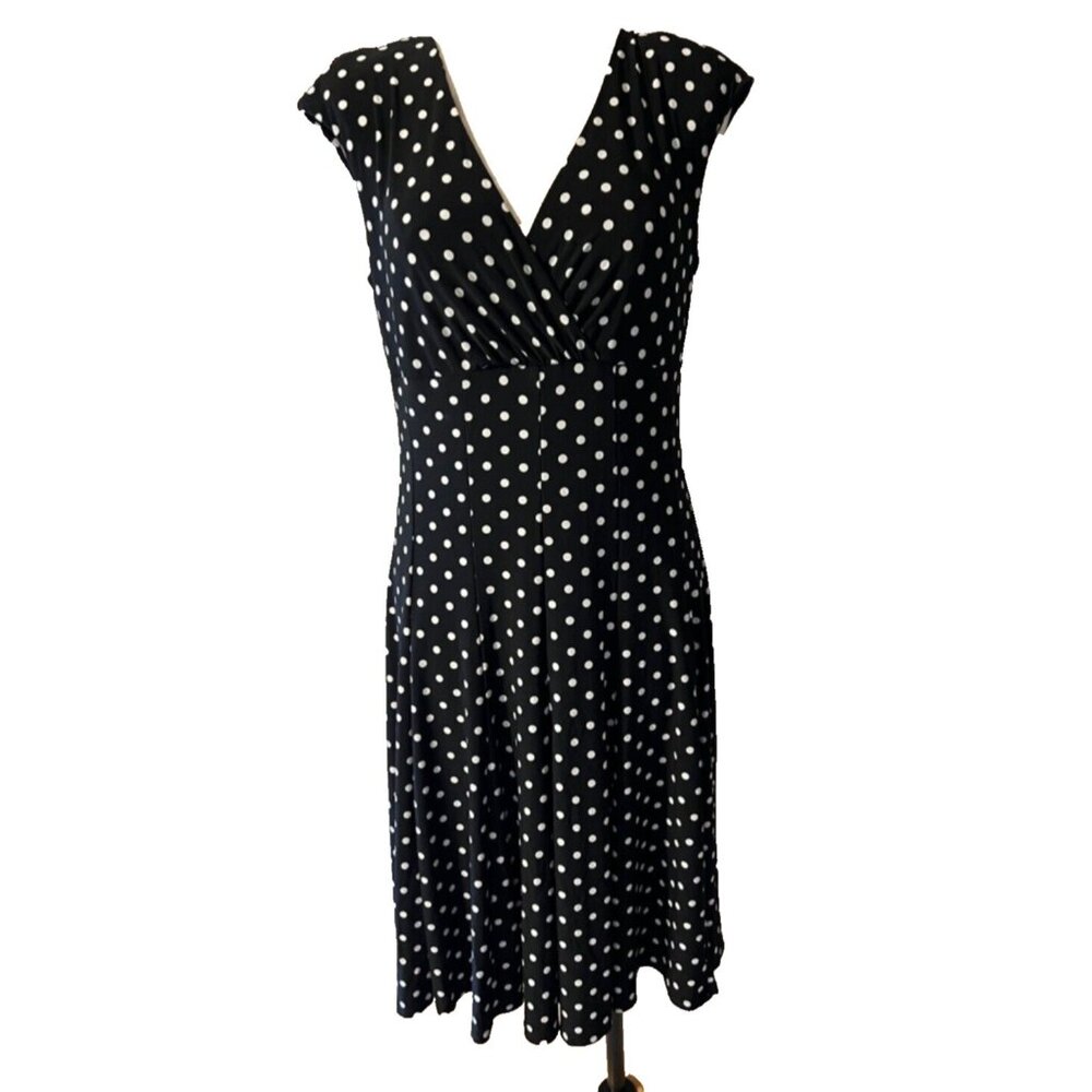 American Living Ralph Lauren Dress 14 Ivory Black Polka Dot Stretch Washable - Picture 2 of 7